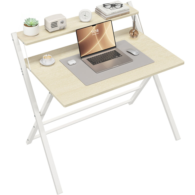 2-Tier Foldable Computer Desk, Light Natural/White, 90cm. H x 106.5cm. W x 60.5cm. D