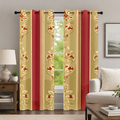 2Pcs Red and Gold Damask Curtains, Vintage Style Curtain, Elegant Baroque Floral Striped Printed Art Grommet Drapes, Window Treatment for Bedroom Living Room Decor