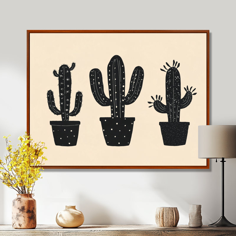 «Minimal Cactus Form I - Black Desert», art mural encadré, H 30 po x l 40 po, Cadre flottant brun