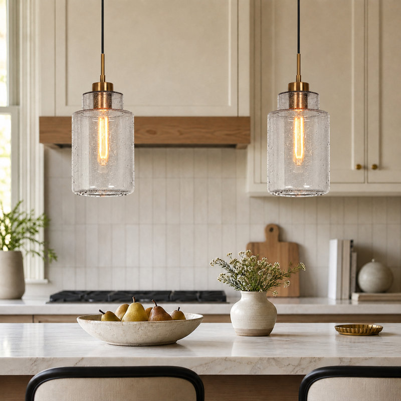  1-Light Modern Farmhouse Kitchen Island Pendant with Seeded Glass(1-Set)