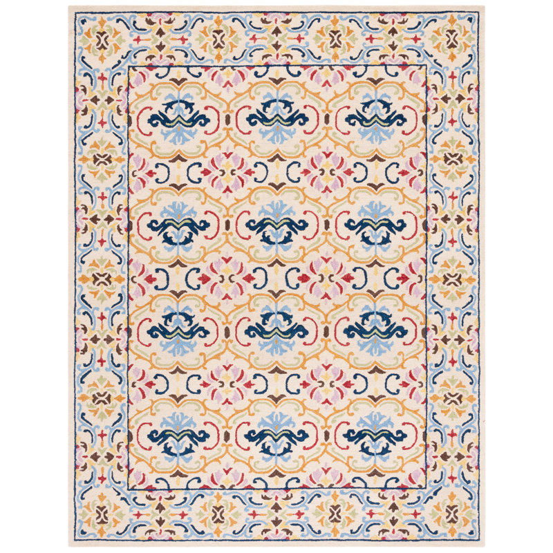 Tapis bleu / jaune / rose en laine / coton touffeté à la main Maxcine, Rectangle 8 pi x 10 pi