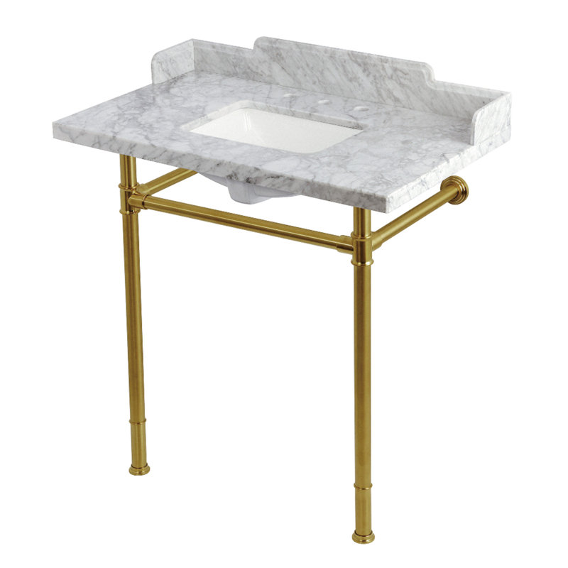 Kingston Brass Wesselman 36-Inch Carrara Marble Console Sink with Stainless Steel Legs (8-Inch, 3-Hole), Brushed Brass