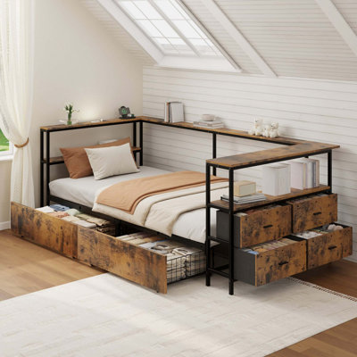 L-Shaped Corner Bed Frame with Dual Storage Drawers for Kids