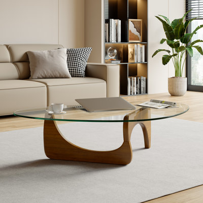 Triangle Glass Coffee Table With Solid Wood Base Abstract Glass Table for Living Room