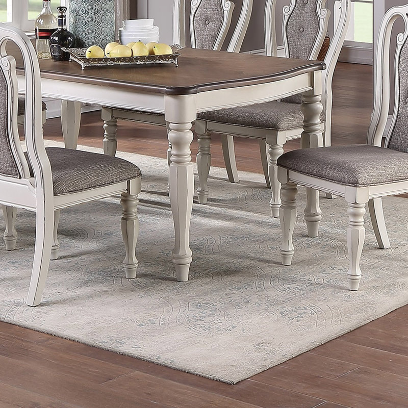 Ensemble de salle à manger 7 pièces de style transitionnel avec plateau en chêne et 6 chaises latérales à coussin blanc antique
