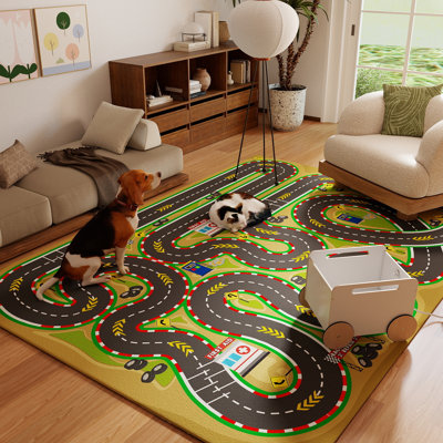 4x5ft Children's Area Rug,Children's Track Pattern, Faux Cashmere Non-Slip Carpet, Suitable for Living Room, Bedroom, Children's Room, Home Decor