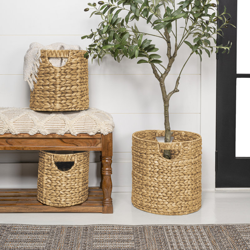 Avery Bohemian Cottage Handwoven Hyacinth Cylinder Nesting Baskets with Handles (Set of 3), Natural