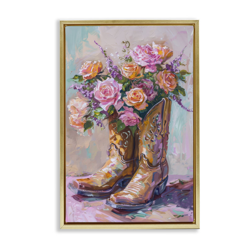 Bouquet de bottes florales encadrées par Petal Prints Design, Cadre flottant métallique doré, H 31 po x l 21 po