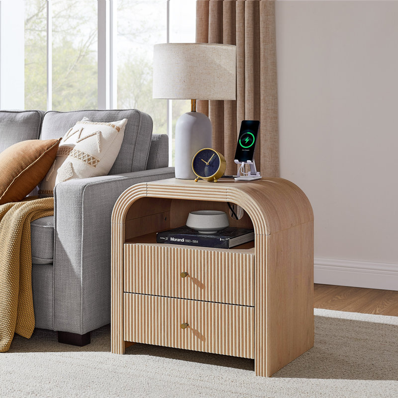 24" Fluted Nightstand With Charging Station And 2 Storage Drawers, Modern End Table With Open Shelves,  Natural Oak