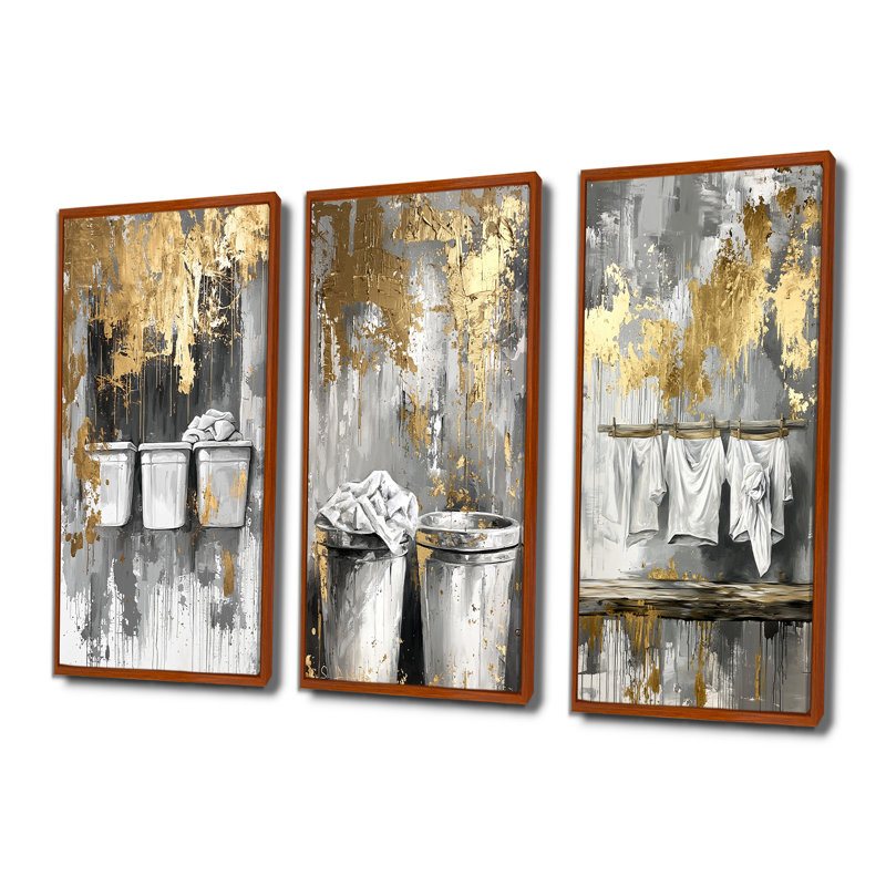 Laundry Day Laundry I - Collection de 3 panneaux muraux, H 28 po x l 36 po, Impression encadrée flottante, Brun