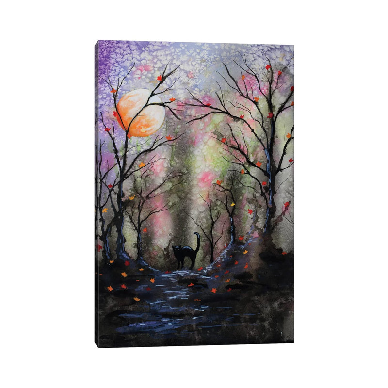 Black Cat In Forest by Michelle Faber - Wrapped Canvas Painting, 20.32 cm H x 30.48 cm W
