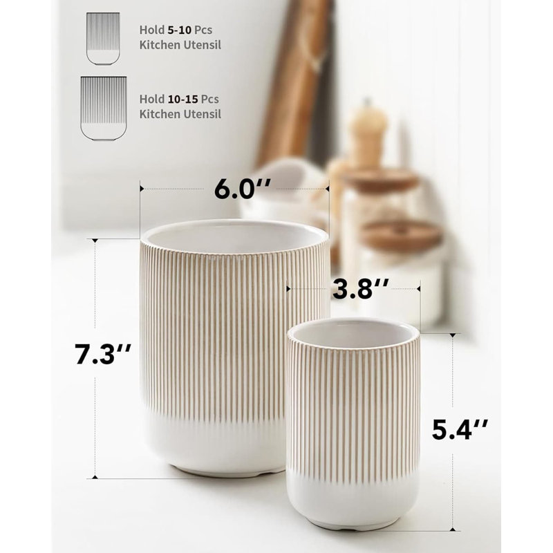 Set of 2 Arctic White Ceramic Utensil Holders (7.3”+5.4”) - Boho Farmhouse Style