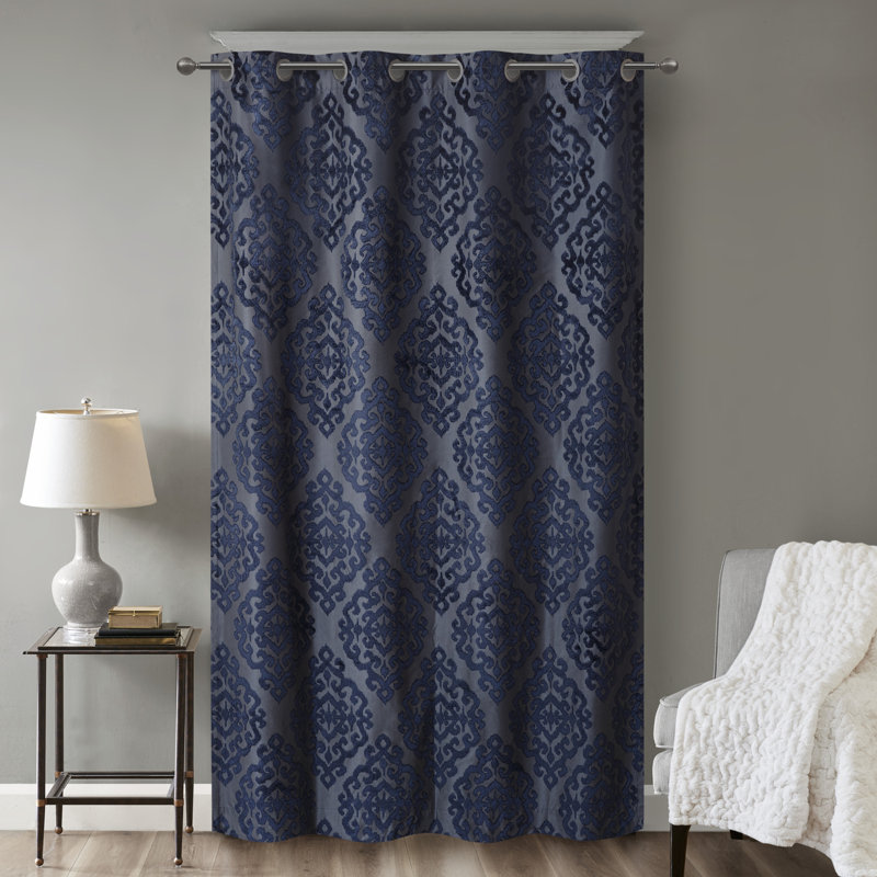 Mirage Navy Damask Total Blackout Thermal Grommet Single 50x84" Curtain Panel, 50" W x 84" L, Navy