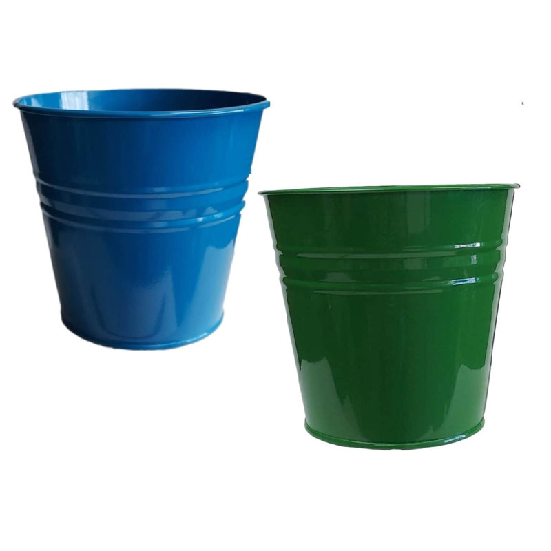 Enameled Galvanized Steel Planter For 6.5" Plants. Set Of Two, Blue/Green