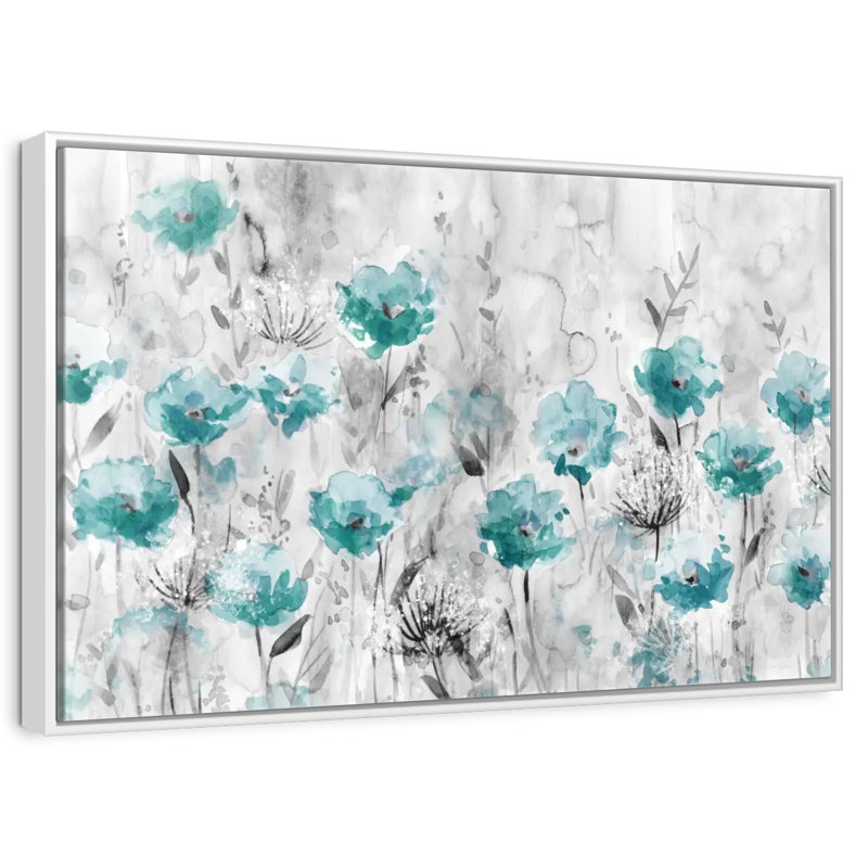 Teal Poppy Garden, Floating Frame White, 37" X 25"