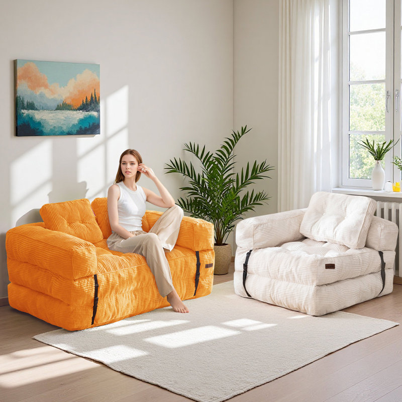 Boneless Gaint Folding Sofa Bed,U-Shaped Convertible Bean Bag Sofa Bed, Orange