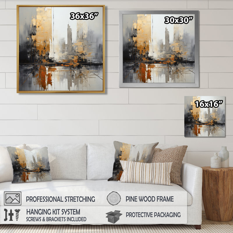 New York City Sunset - art mural paysage urbain, H 16 po x l 16 po x P 1 po, Toile avec cadre flottant or