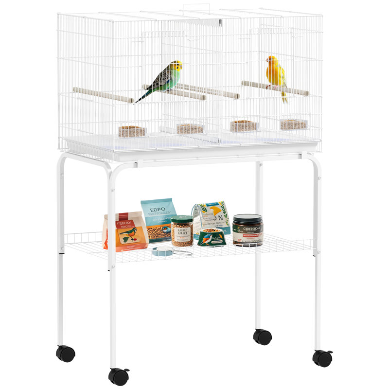 Bird Cage with Divider 4 Wooden Perches Slide Out Tray, White