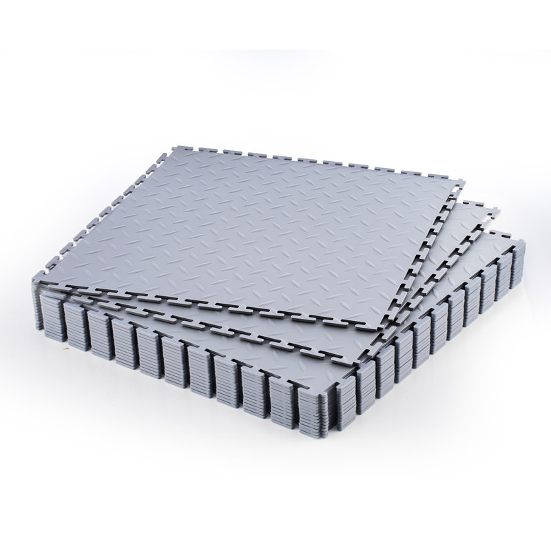 Carreaux de sol de garage à emboîtement, carreaux de garage modulaires emboîtables de 20,2 x 20,2 x 0,2 po, tapis en PVC antidérapant à motif de losanges pour atelier, entrepôt, salle d'outils, gris clair