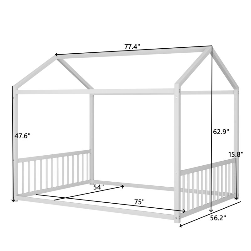 Metal Canopy Bed Floor House Bed, Full, White