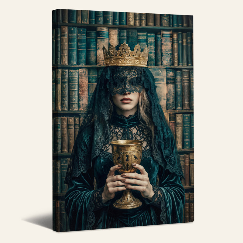 Dame en couronne dorée et voile de dentelle noire tenant une toile d'Halloween, H 18 po x l 12 po