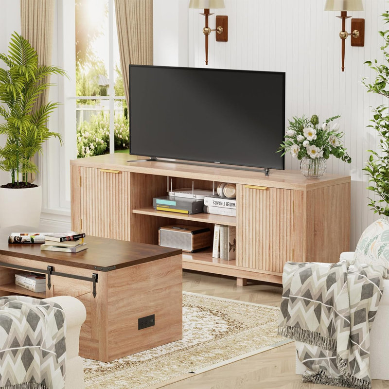 Fluted TV Stand, 59'' TV Stands Entertainment Center with Storage Cabinet, Mid Century Modern TV Cabinet Table for 50/55/60/65 TV, Media TV Consoles for Living Room