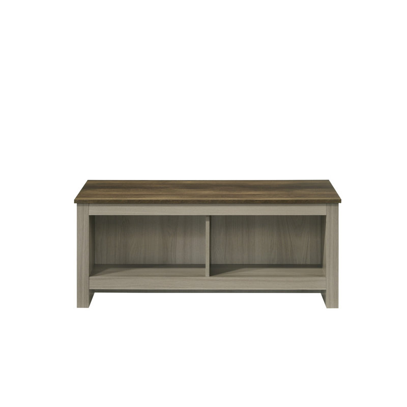 Table basse en chêne gris avec tablettes de rangement ouvertes, conception avant et arrière | Idée de cadeau