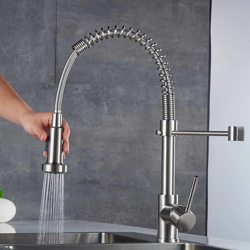 Robinet d'évier de cuisine commercial avec robinet escamotable, nickel brossé, poignée simple, robinet escamotable à sortie 360 °, pile levier