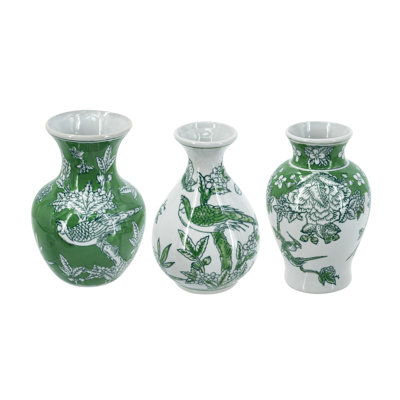 S/3 Set Of 3 Green And White Porcelain Vases With Nature-Inspired Motifs A:D4x6" B:D3.5X6" C:D3.5X6"