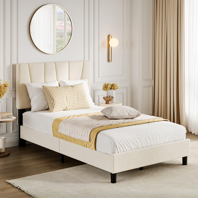 Structure de lit simple tapissier en velours avec tête de lit réglable, plateforme à profil bas, sans sommier, Beige