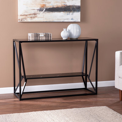 Long Console Table With Stylish Glass Top And Hidden Storage