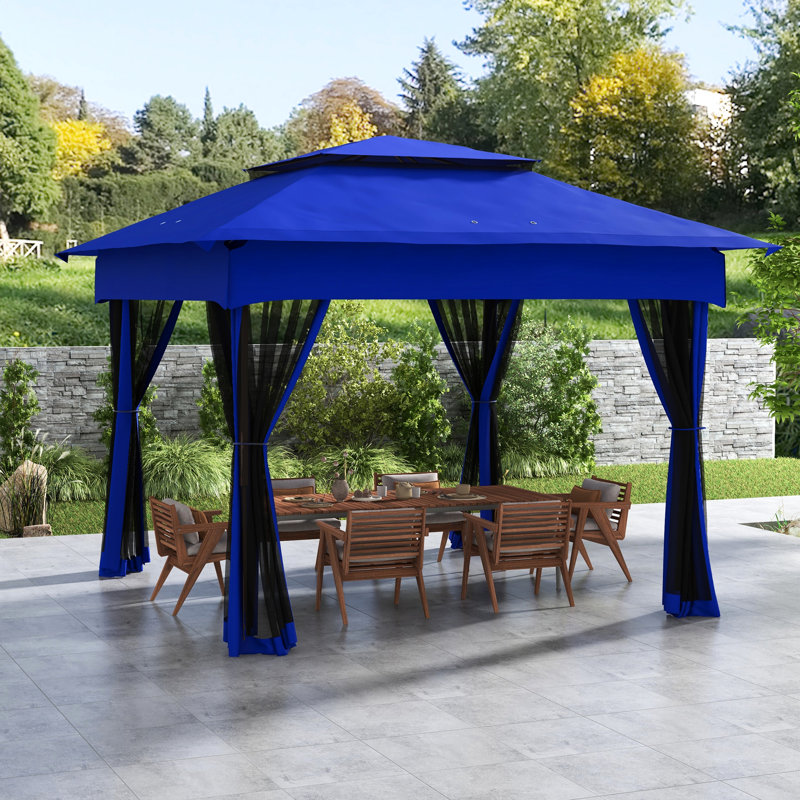 Auvent escamotable 11 pi x 11 pi, abri de patio extérieur avec filet amovible, tente instantanée, auvent de jardin bleu, pavillon de jardin