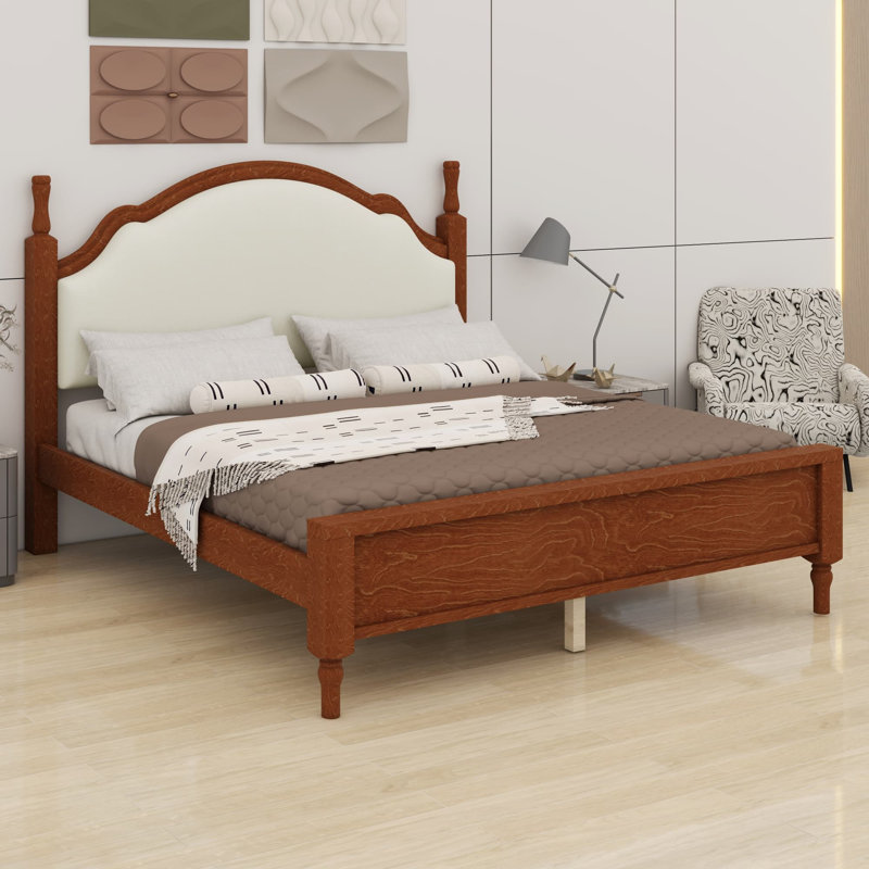 Base de lit plateforme classique en bois avec tête de lit tapissier luxueuse, Cadre brun + tissu beige