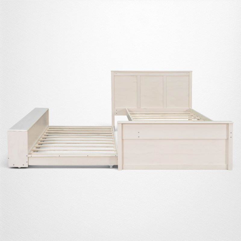 Lit plateforme en bois avec lit gigogne simple et étagères de rangement ouvertes, style ferme moderne, chambre, Lit simple