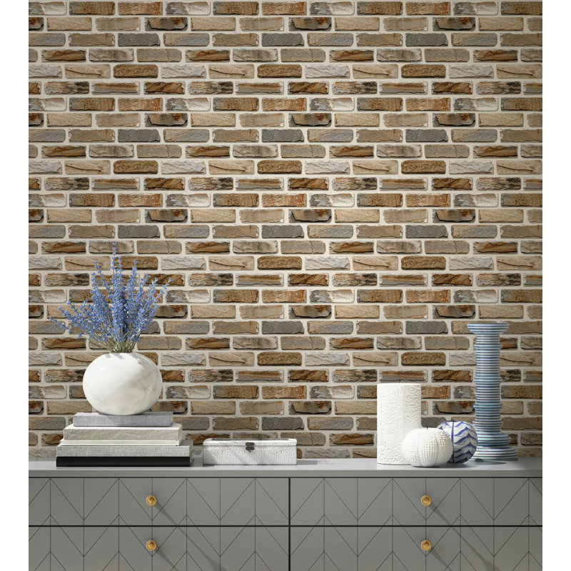 Rustic Stacked Stone Beige Grey Brick Wallpaper, 75" L  x 112" W