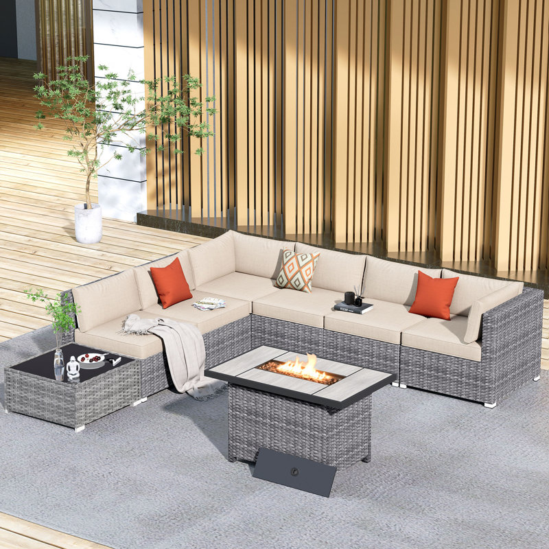 Ensemble de conversation pour 8 personnes avec table basse, ensemble de conversation modulaire en rotin et osier avec coussins, ensemble de conversation pour canapé toutes saisons avec foyer pour table de jardin