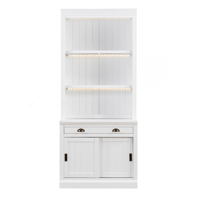 83.4"Tall Bookshelf With 3-Layer LED Lightings, Modern Bookcase With Sliding Doors And Open Shelves,Storage Bookshelf For Living Room,Home Office,White