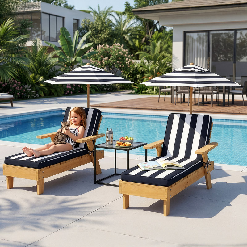 Kids Outdoor Wooden Chaise Lounge with Umbrella and Blue & White Striped Cushion, Blue