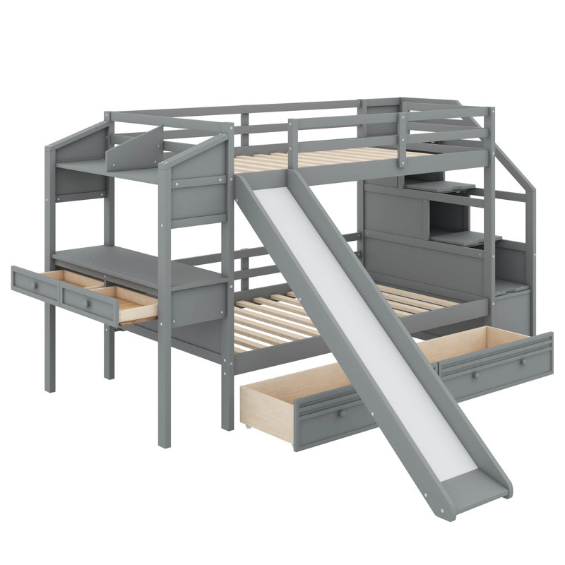 Jeoffrey Kids Twin Over Twin Bunk Bed with Drawers, Gray