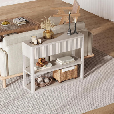 34.6" Tall Fluted Console Table with 2 Drawers & 3-Tier Shelves, White-Grey Modern Entryway Sofa Table for Living Room, Hallway, Foyer