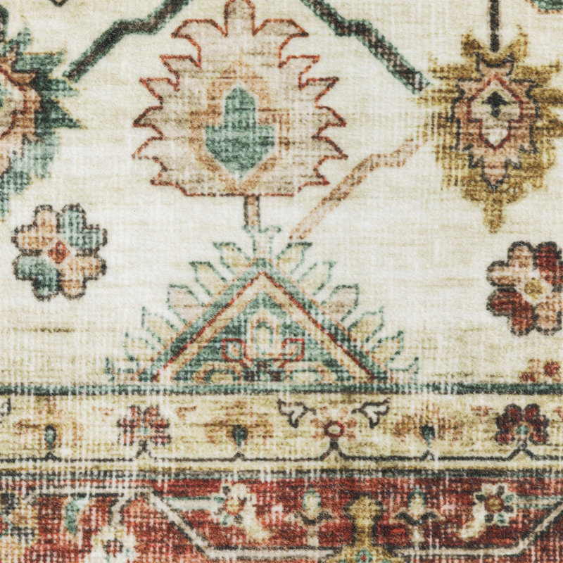 Silas Vintage Bordered Traditional Ivory/Red Washable Area Rug Mat, Rectangle 5' x 7'