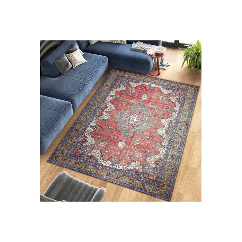 Tapis rouge lavable à motif traditionnel rouge, Sous-tapis rectangulaire de 3 pi 3 po x 4 pi 11 po