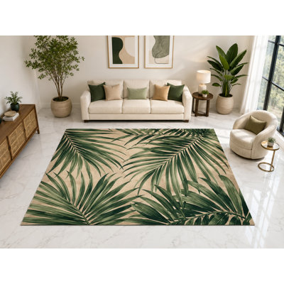 "Ultra Thin" 5' x 7' Tropical Palm Frond Leaves Area Rug, Soft Low Pile Indoor Rug with Non-Slip Silicone Backing for Living Room, Bedroom, Dining Room