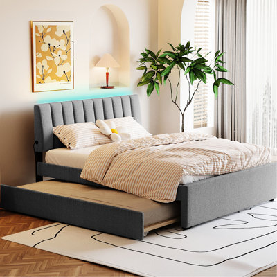 Lit plateforme tapissier avec lit gigogne simple TG et lumières à DEL, base solide grise