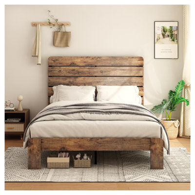 Full Size Platform Bed Frame with Wood Slats, Dark Brown Metal and Wood Headboard Design