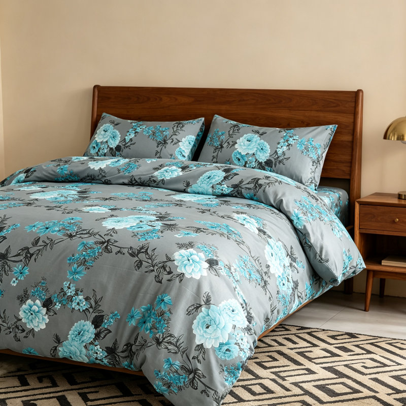 Reversible Floral Microfiber 4-Piece Bedding Set with Duvet Cover, Blue Floral