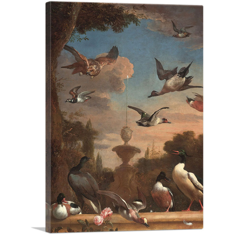 «Ducks» par Fountain par Melchior d-Hondecoeter - reproduction d'art sur toile tendue, H 18 po x l 12 po x P 1,5 po