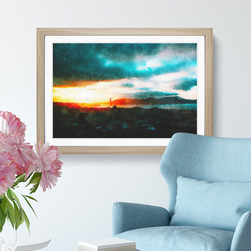 San Francisco Skyline - Single Picture Frame Painting on MDF, Oak Framed, 33cm H x 45cm W x 2cm D