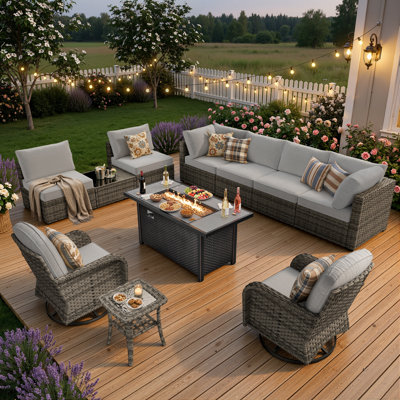 8-Person 11-Piece Modular Gray PE Wicker Outdoor Patio Sectional Conversation Set with Swivel Chairs, Rectangular Propane Fire Pit Table, Side Tables &  Water proof Cushions