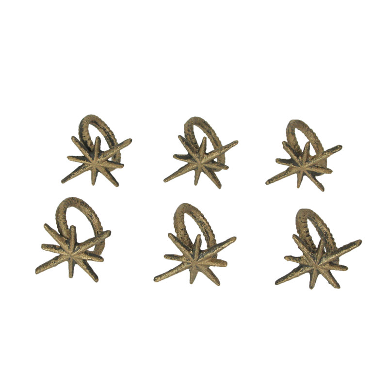 Ensemble de 6 anneaux de serviettes en fonte dorée Mid-Century moderne Starburst